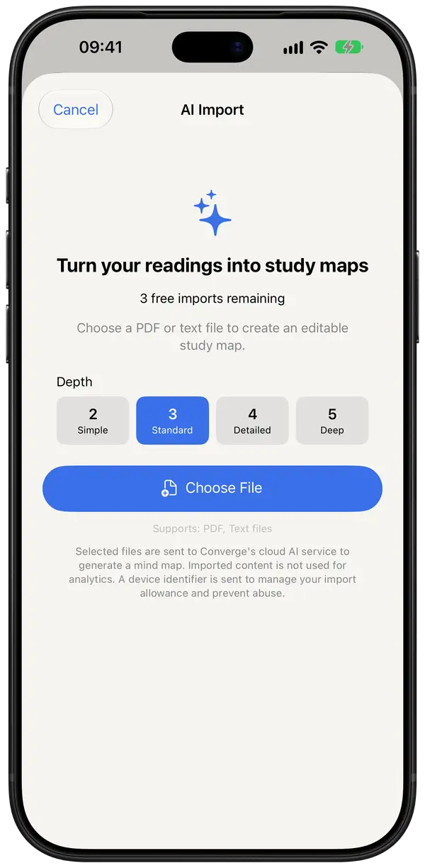The AI Import screen in Converge, offering to choose a PDF or text file.