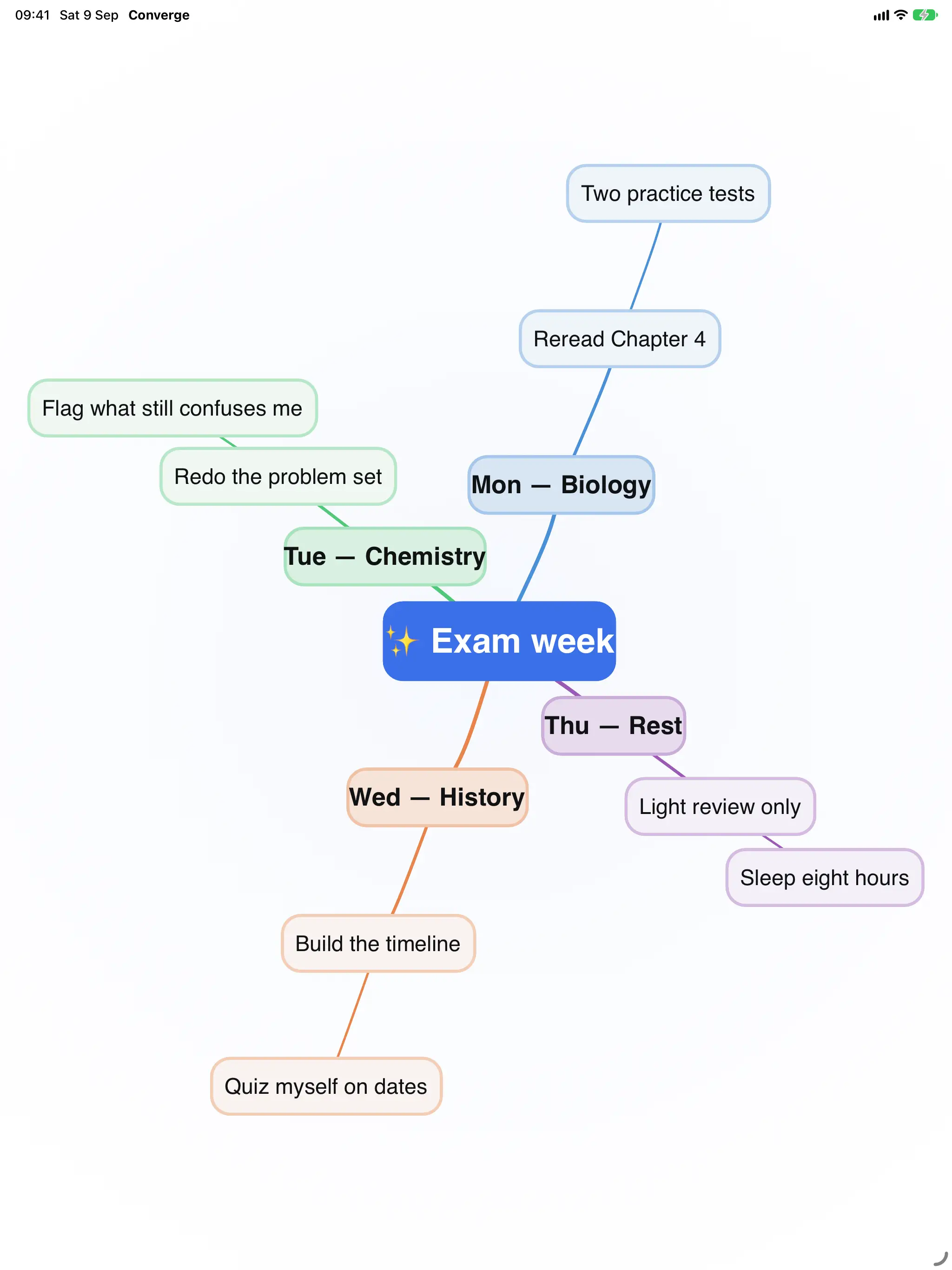 An exam week plan in Converge on iPad, in the Free Thinking layout.