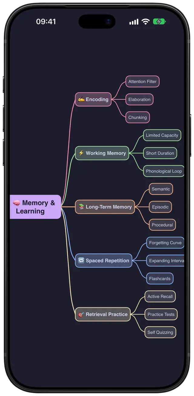 The same memory and learning mind map in Converge’s Catppuccin Mocha theme.